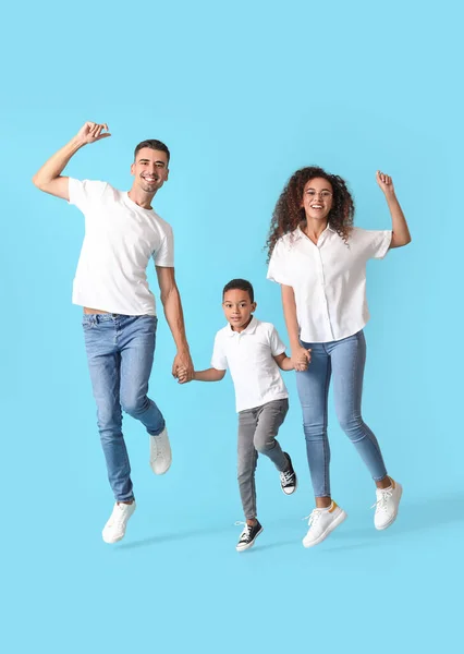 Happy Dancing Interracial Family Color Background — Stock Photo, Image