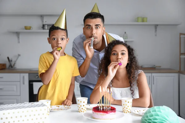 Happy Interracial Family Celebrating Birthday Home — Stock Photo, Image