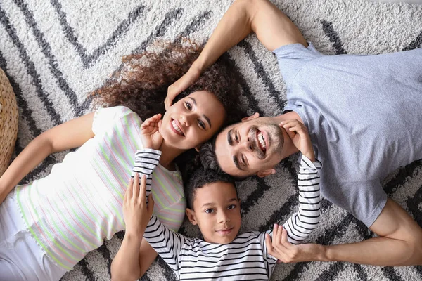 Happy Interracial Family Lying Carpet Top View — Stock Photo, Image