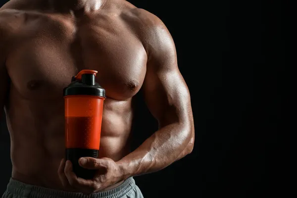 Männlicher Bodybuilder Mit Proteinshake Auf Dunklem Hintergrund — Stockfoto