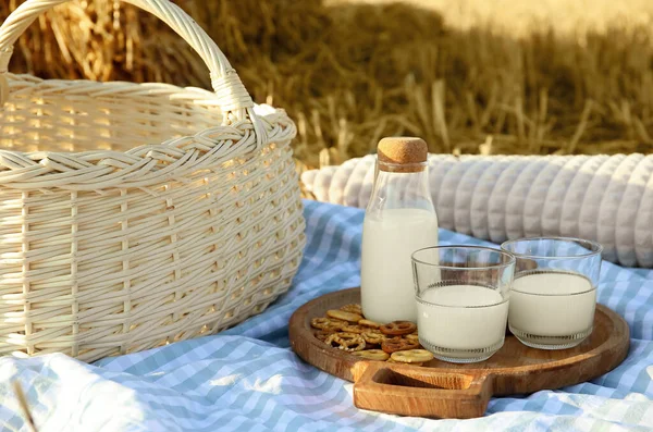 Натуральна Закуска Зібраному Полі Пікнік Молоком Печивом — стокове фото