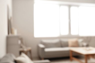 Oturma odasının şık bir iç mekanı, bulanık bir görüntü.