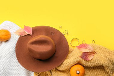 Örgü süveterler, keçeli şapka, mücevherler ve arka planda sonbahar dekoru.