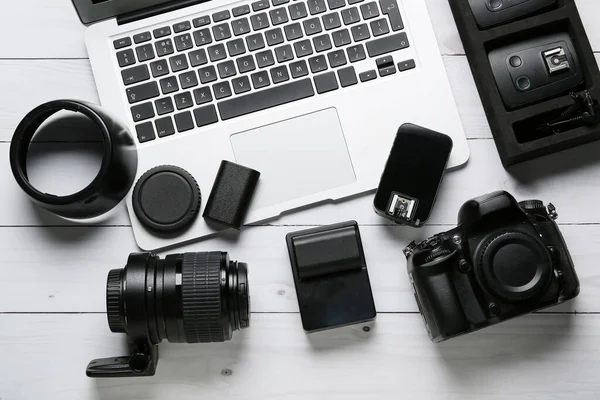 Laptop Photo Equipment White Wooden Background — Stock Photo, Image