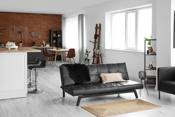 Studio Lägenhet Med Elegant Soffa Och Modernt Kök — Stockfoto
