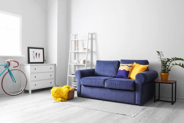 Stylish Interior Bicycle Blue Sofa Room — Stock Photo, Image