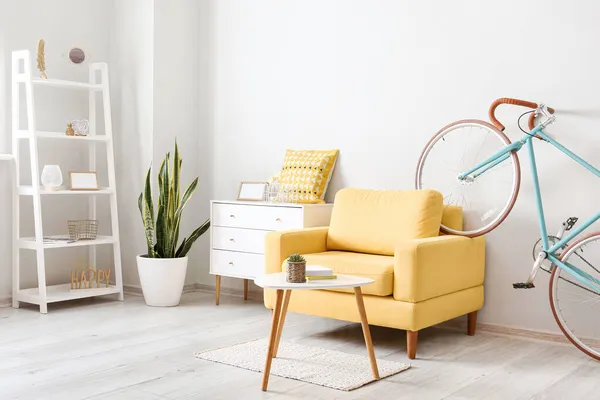 Stylish Interior Bicycle Yellow Armchair Room — Stock Photo, Image