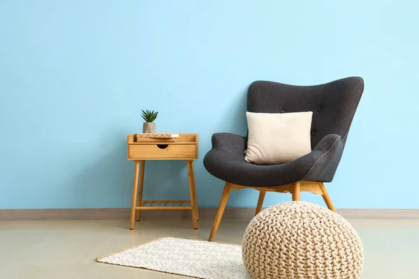 Stylish Interior Wooden Bedside Table Armchair Blue Wall — Stock Photo, Image
