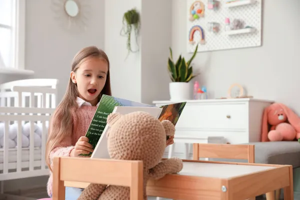 Cute Little Girl Reading Fairy Tale Table — Stock Photo, Image