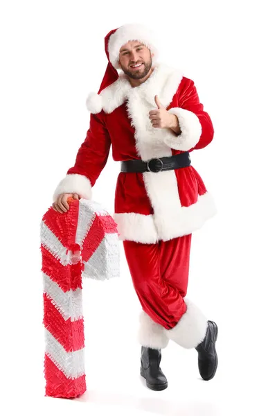 Weihnachtsmann Mit Zuckerstange Pinata Zeigt Daumen Nach Oben Auf Weißem — Stockfoto