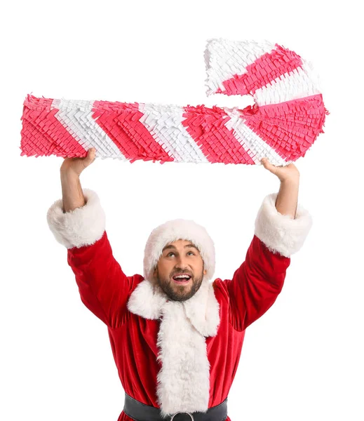 Santa Claus Med Godis Sockerrör Pinata Vit Bakgrund — Stockfoto