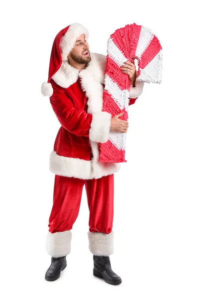 Glücklicher Weihnachtsmann Mit Zuckerstange Pinata Auf Weißem Hintergrund — Stockfoto