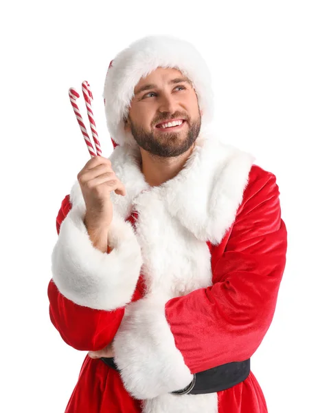 Santa Claus Candy Canes White Background — Stock Photo, Image