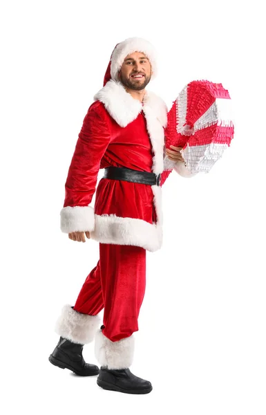 Weihnachtsmann Mit Zuckerstange Pinata Auf Weißem Hintergrund — Stockfoto