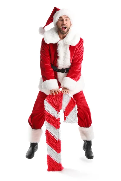 Santa Claus Con Piñata Bastón Caramelo Saltando Sobre Fondo Blanco —  Fotos de Stock