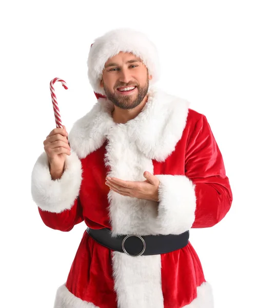 Санта Клаус Показывает Леденцы Белом Фоне — стоковое фото
