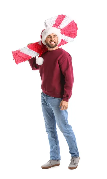 Hombre Guapo Sombrero Santa Con Piñata Bastón Caramelo Sobre Fondo —  Fotos de Stock