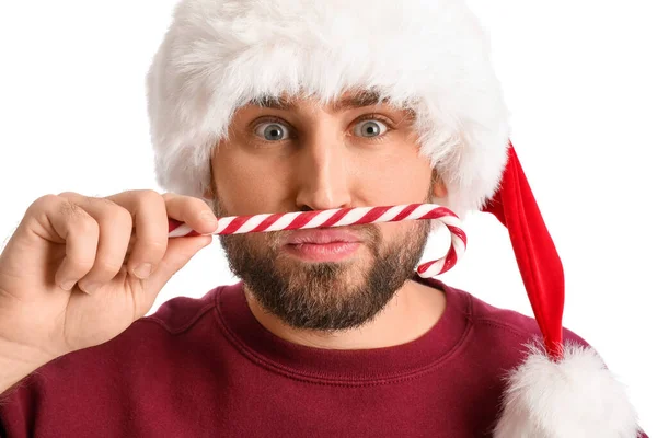 Handsome Man Santa Hat Candy Canes White Background — Stock Photo, Image