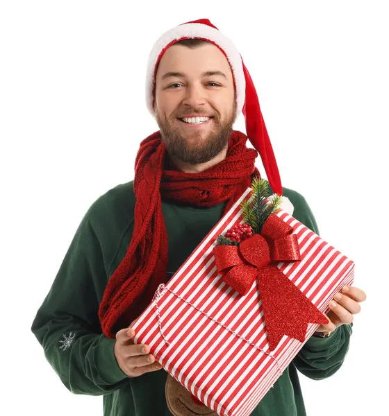 Schöner Junger Mann Mit Weihnachtsgeschenk Auf Weißem Hintergrund — Stockfoto