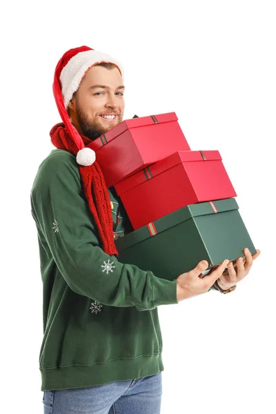 Schöner Junger Mann Mit Weihnachtsgeschenken Auf Weißem Hintergrund — Stockfoto