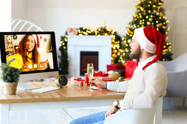 Young Man Christmas Online Party Home — Stock Photo, Image