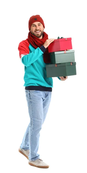 Hombre Guapo Con Regalos Navidad Sobre Fondo Blanco — Foto de Stock