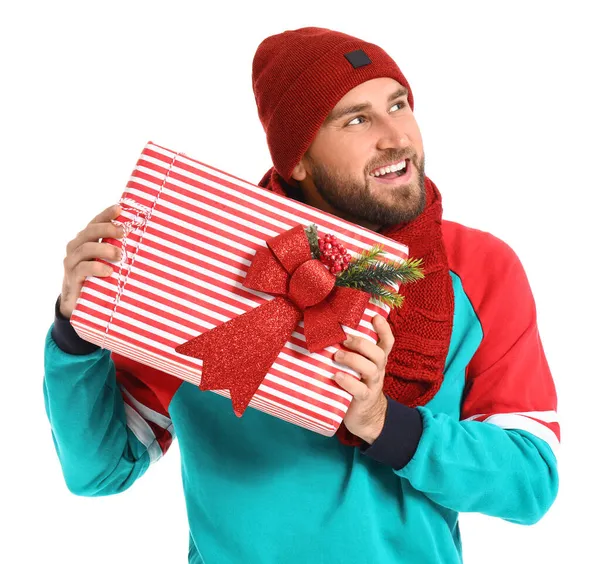 Jovem Bonito Com Presente Natal Fundo Branco — Fotografia de Stock