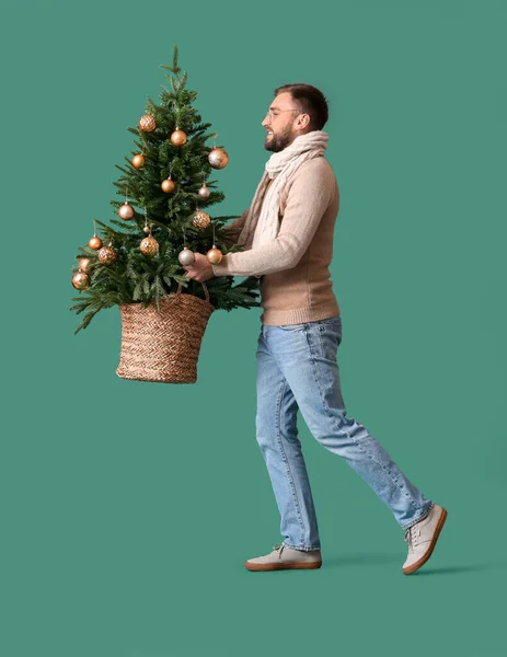 Πηγαίνοντας Άνθρωπος Χριστουγεννιάτικο Δέντρο Στο Φόντο Χρώμα — Φωτογραφία Αρχείου