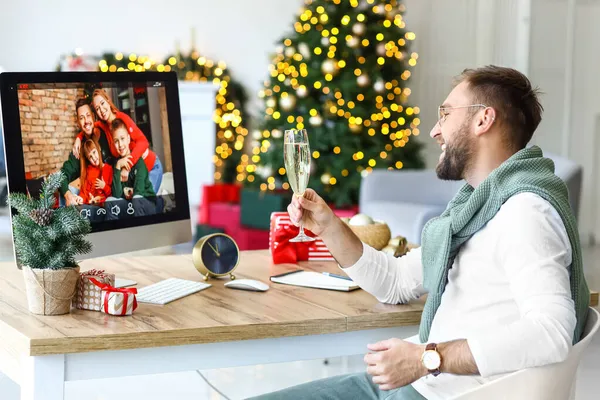 Young Man Christmas Online Party Home — Stock Photo, Image