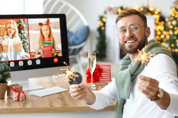 Young Man Christmas Online Party Home — Stock Photo, Image