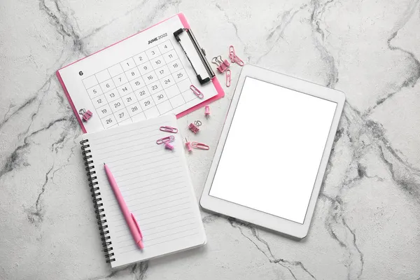 Top View Tablet Computer Notebook Calendar Marble Background — Stock Photo, Image