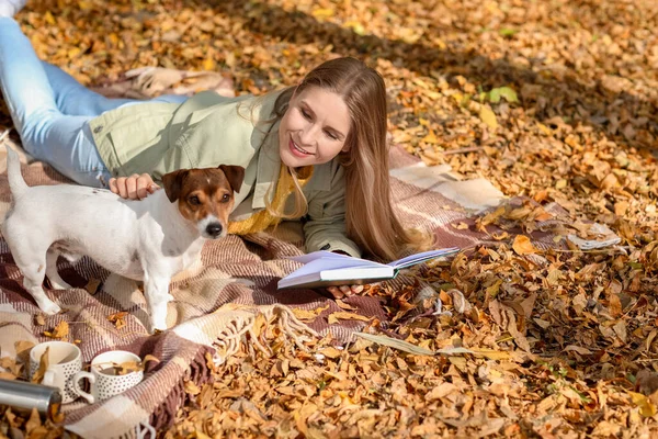 Beautiful Woman Jack Russel Terrier Reading Book Park Autumn Day — Stock Photo, Image