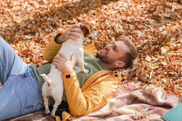 Handsome Man Funny Jack Russel Terrier Park Autumn Day — Stock Photo, Image