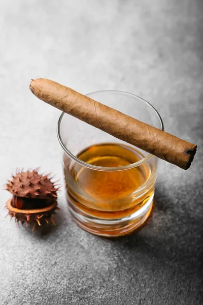 Glass Chestnut Whiskey Cigar Grunge Background — Stock Photo, Image
