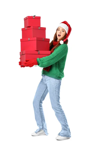 Surprised Walking Young Woman Santa Hat Christmas Gifts White Background — Stock Photo, Image
