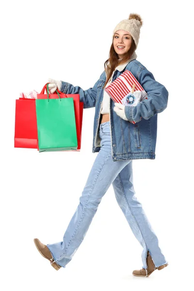 Beautiful Walking Young Woman Shopping Bags Christmas Gift White Background — Stock Photo, Image