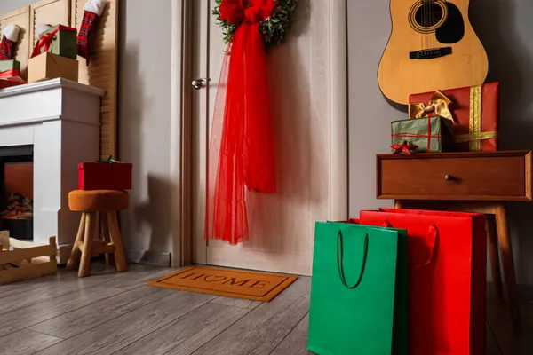 Interior Living Room Christmas Decor Shopping Bags — Stock Photo, Image