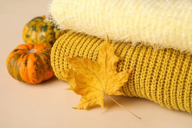 Örgü süveter, kuru yaprak ve balkabağı yığını.