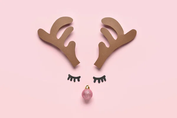 Cute Christmas Reindeer Made Decorations Pink Background — Stock Photo, Image