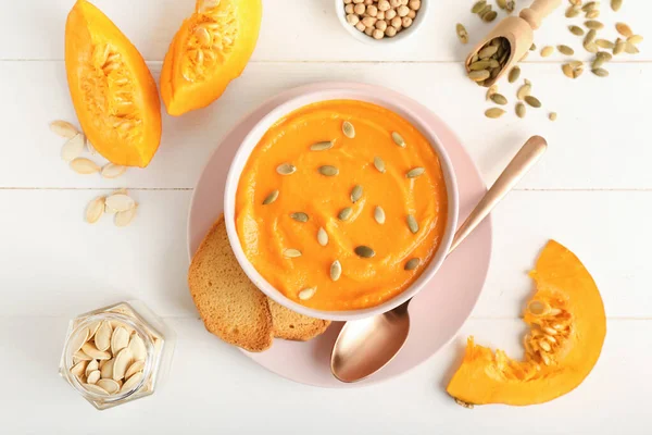 Bowl Delicious Pumpkin Cream Soup Light Wooden Background — Stock Photo, Image