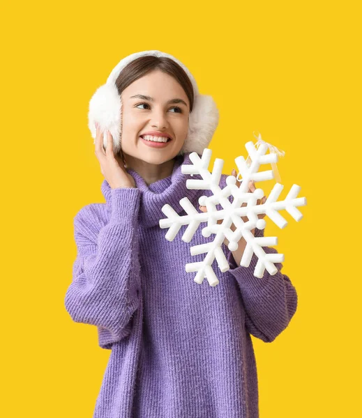 Beautiful Young Woman Snowflake Fluffy Headphones Color Background — Stock Photo, Image