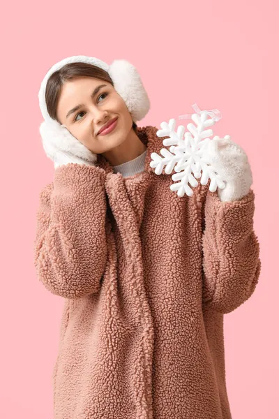 Beautiful Young Woman Snowflake Fluffy Headphones Color Background — Stock Photo, Image
