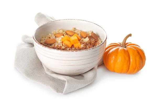 Bowl Tasty Oatmeal Pumpkin White Background — Stock Photo, Image