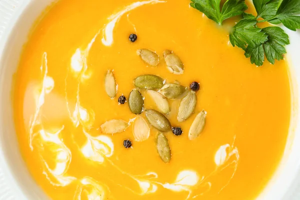 Bowl Delicious Pumpkin Cream Soup Closeup — Stock Photo, Image