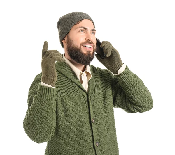 Hezký Muž Zimním Oblečení Mluvit Telefonicky Bílém Pozadí — Stock fotografie