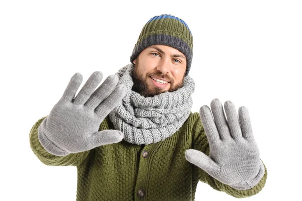 Schöner Mann Winterkleidung Isoliert Auf Weißem Grund — Stockfoto