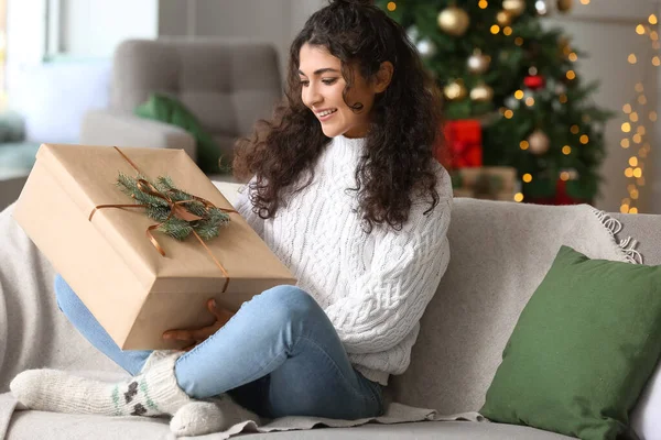 Happy Woman Christmas Gift Home — Stock Photo, Image
