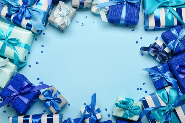 Rámeček Vánoční Dárkové Krabice Modrém Pozadí — Stock fotografie