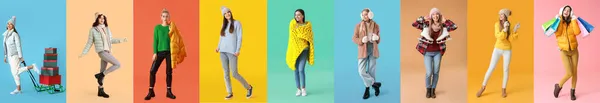 Schöne Junge Frauen Winterkleidung Auf Farbigem Hintergrund — Stockfoto