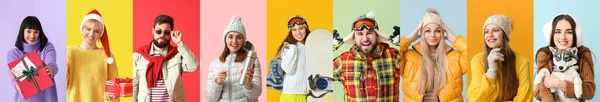 Gruppe Von Verschiedenen Personen Winterkleidung Auf Farbigem Hintergrund — Stockfoto